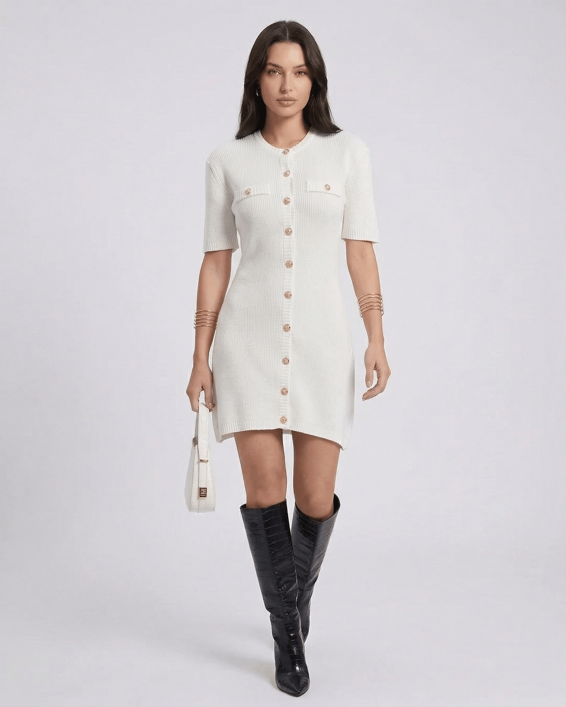 Elysia Mini Dress by Lauven featuring button closure and short sleeves, showcasing casual knit elegance.