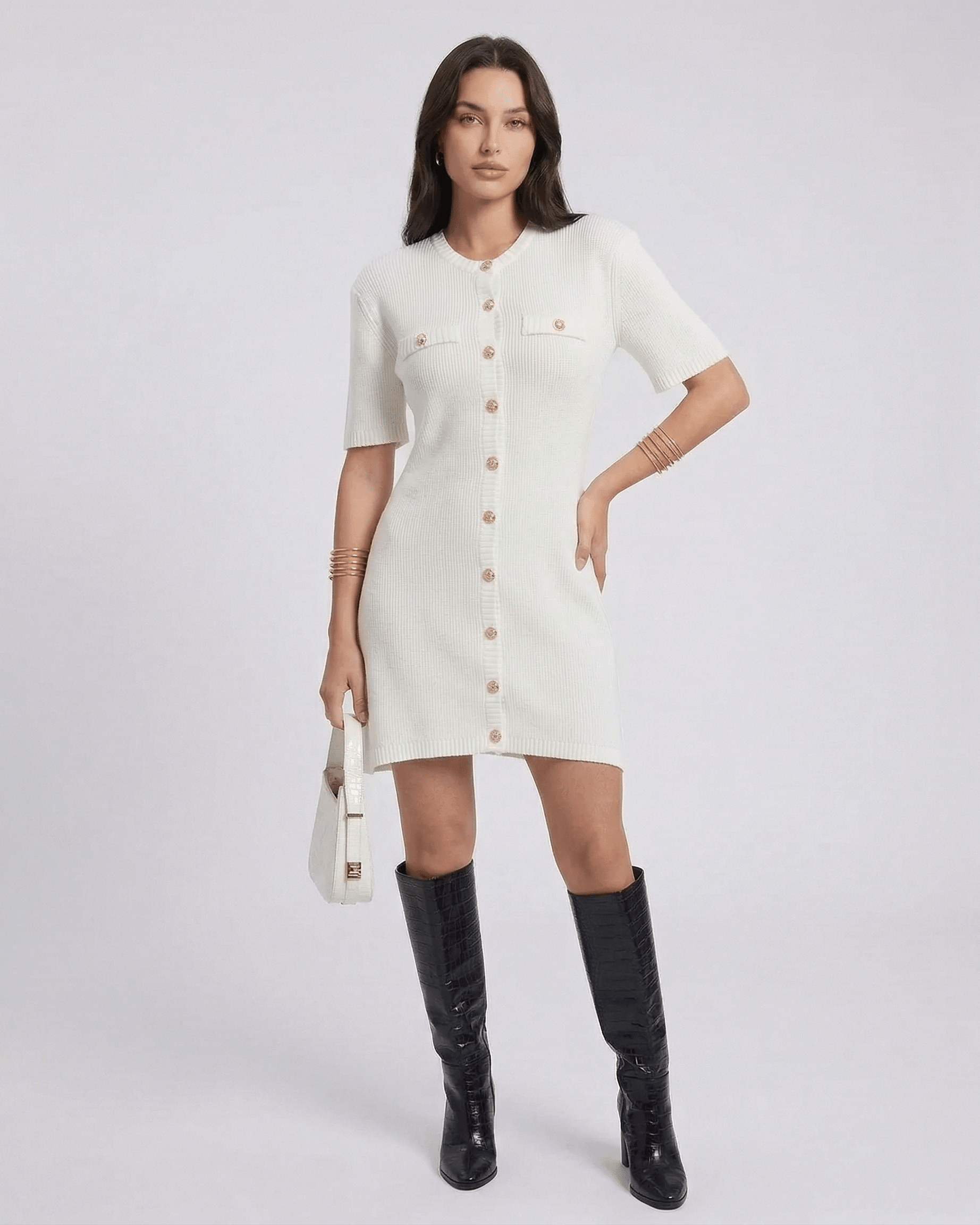 Elysia Mini Dress by Lauven, chic casual knit dress with O-neck and button closure, perfect for all seasons.