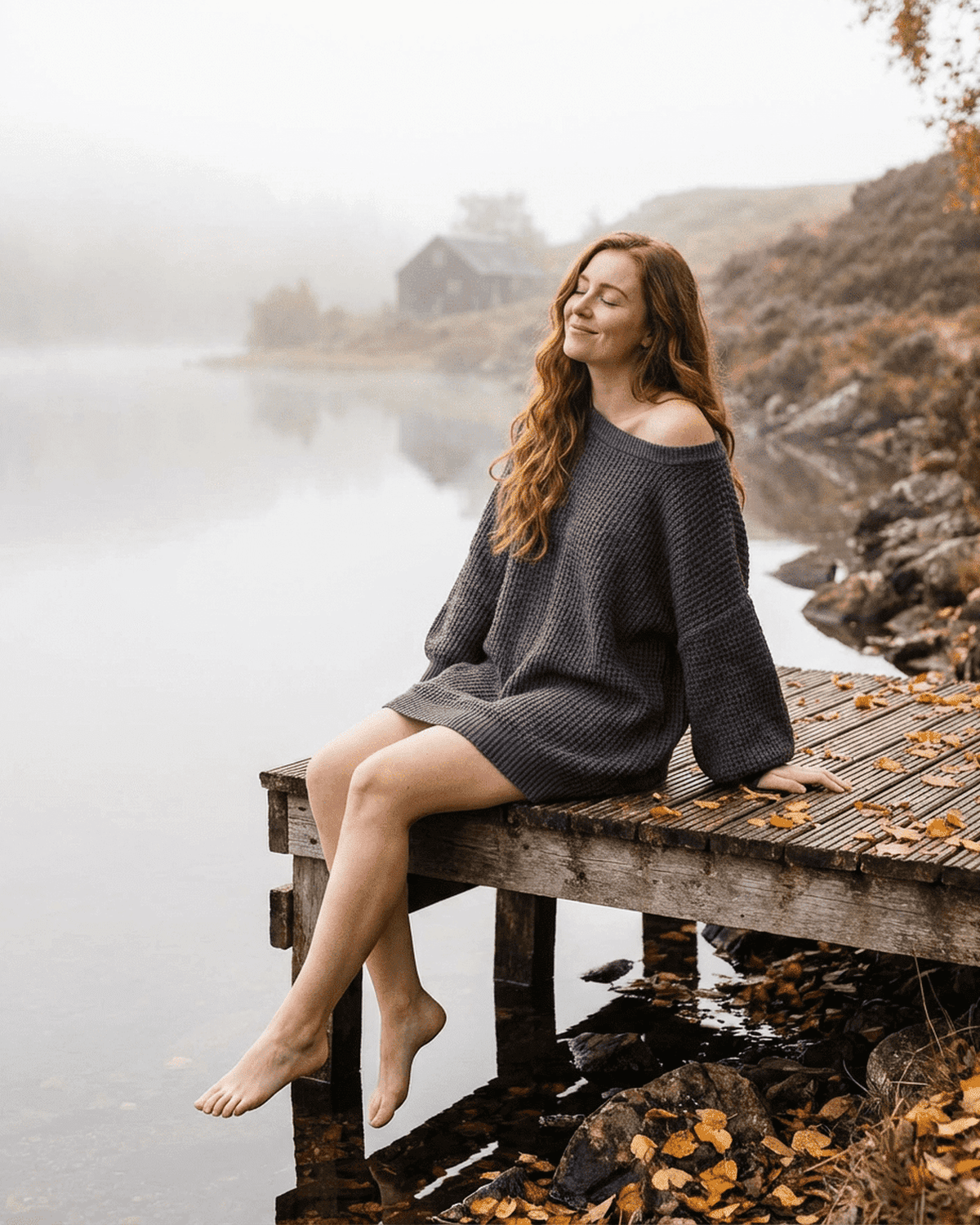 Model wearing Ember Mini Dress by SLIMONA, enjoying a serene lakeside view in a deep charcoal ribbed knit.