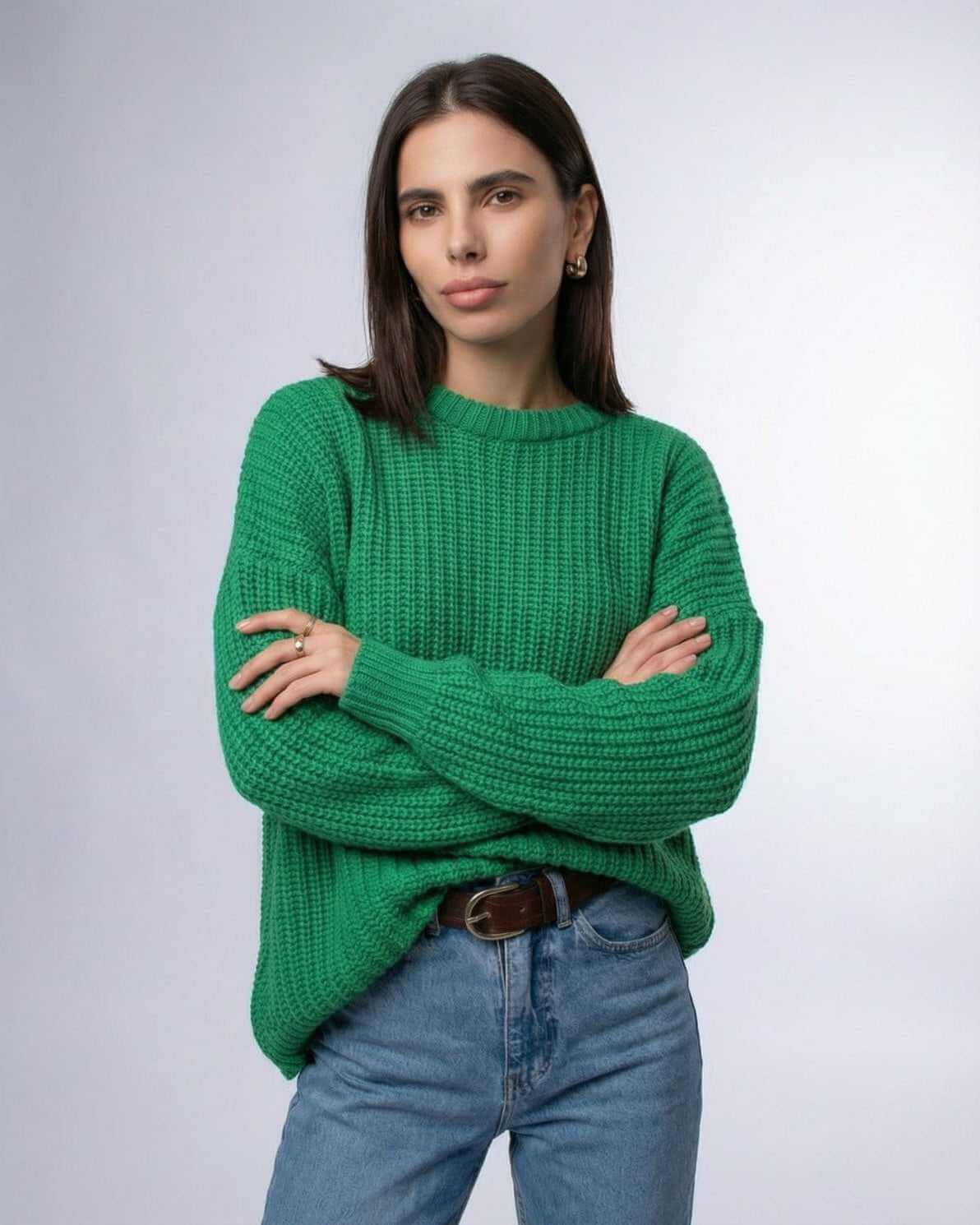 Emerald Sweater by Lauven, showcasing a relaxed ribbed knit in a vibrant green, perfect for everyday style.