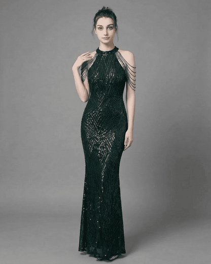 Emerald Maxi Dress by SLIMONA featuring sequin detailing and a halter neckline for an elegant evening look.