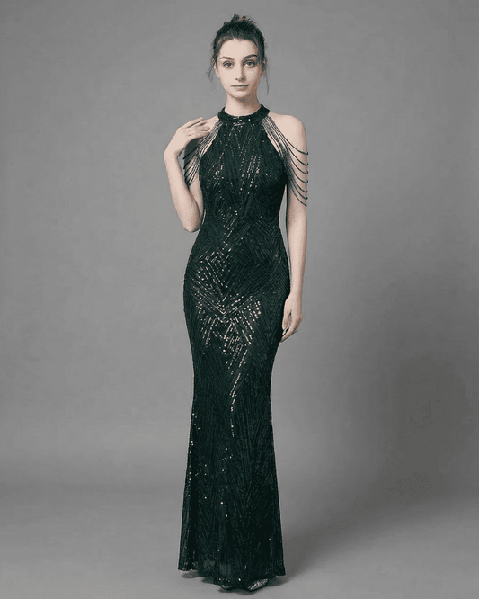 Emerald Maxi Dress by SLIMONA featuring sequin detailing and a halter neckline for an elegant evening look.