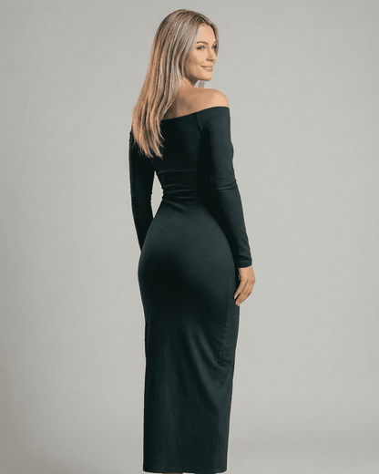 Emerald Maxi Dress by SLIMONA, showcasing an elegant off-shoulder design and slim silhouette from the back.