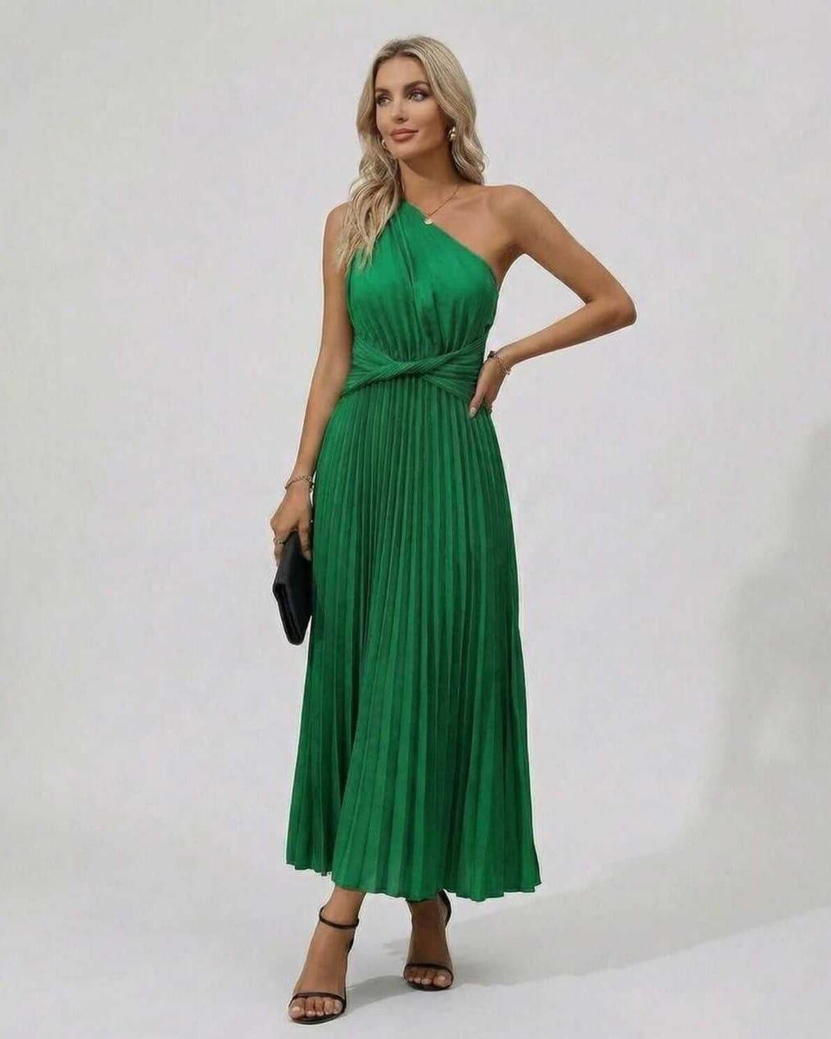 Lauven Emerald Midi Dress, One Shoulder Twist Front, Pleated Hem, Elegant Green Dress