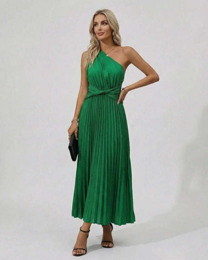 Lauven Emerald Midi Dress, One Shoulder Twist Front, Pleated Hem, Elegant Green Dress