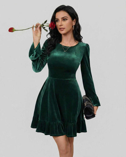 Emeraldia Mini Dress by Lauven, deep green long sleeve A-line with butterfly sleeves and rose.