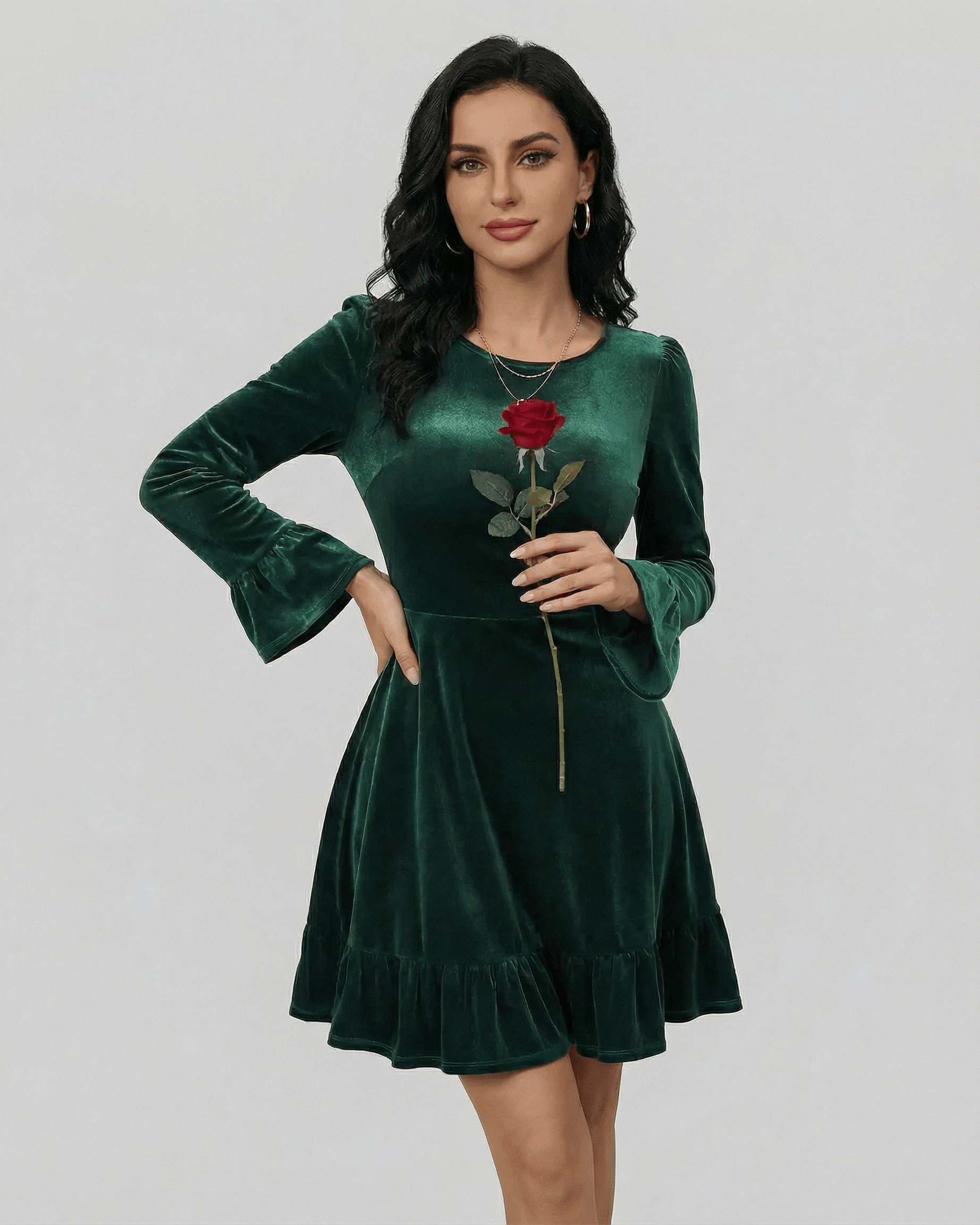 Emeraldia Mini Dress by Lauven, deep green long sleeve A-line mini dress with butterfly sleeves and a rose accessory.
