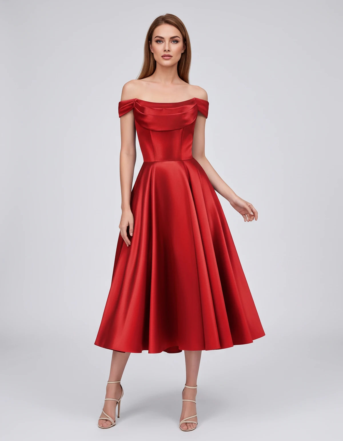 Emiliane Midi Dresses — Red | SKU: SD-02830-red-2,SD-02830-red-4,SD-02830-red-6,SD-02830-red-8,SD-02830-red-10,SD-02830-red-12,SD-02830-red-14,SD-02830-red-16,SD-02830-red-16W,SD-02830-red-18W,SD-02830-red-20W,SD-02830-red-22W