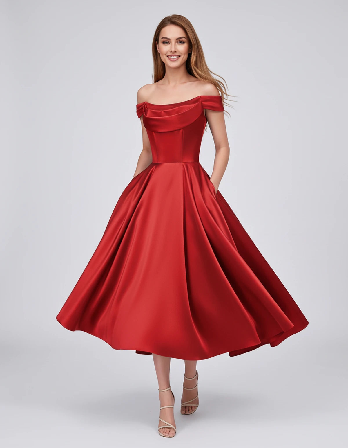 Emiliane Midi Dresses — Red | SKU: SD-02830-red-2,SD-02830-red-4,SD-02830-red-6,SD-02830-red-8,SD-02830-red-10,SD-02830-red-12,SD-02830-red-14,SD-02830-red-16,SD-02830-red-16W,SD-02830-red-18W,SD-02830-red-20W,SD-02830-red-22W