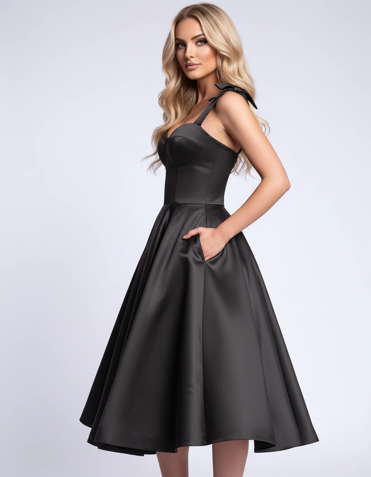 Etoile Midi Dresses — Black | SKU: SD-85492-black-2,SD-85492-black-4,SD-85492-black-6,SD-85492-black-8,SD-85492-black-10,SD-85492-black-12,SD-85492-black-14,SD-85492-black-16,SD-85492-black-16W,SD-85492-black-18W
