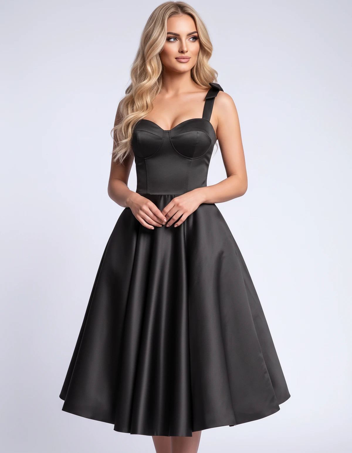Etoile Midi Dresses — Black | SKU: SD-85492-black-2,SD-85492-black-4,SD-85492-black-6,SD-85492-black-8,SD-85492-black-10,SD-85492-black-12,SD-85492-black-14,SD-85492-black-16,SD-85492-black-16W,SD-85492-black-18W