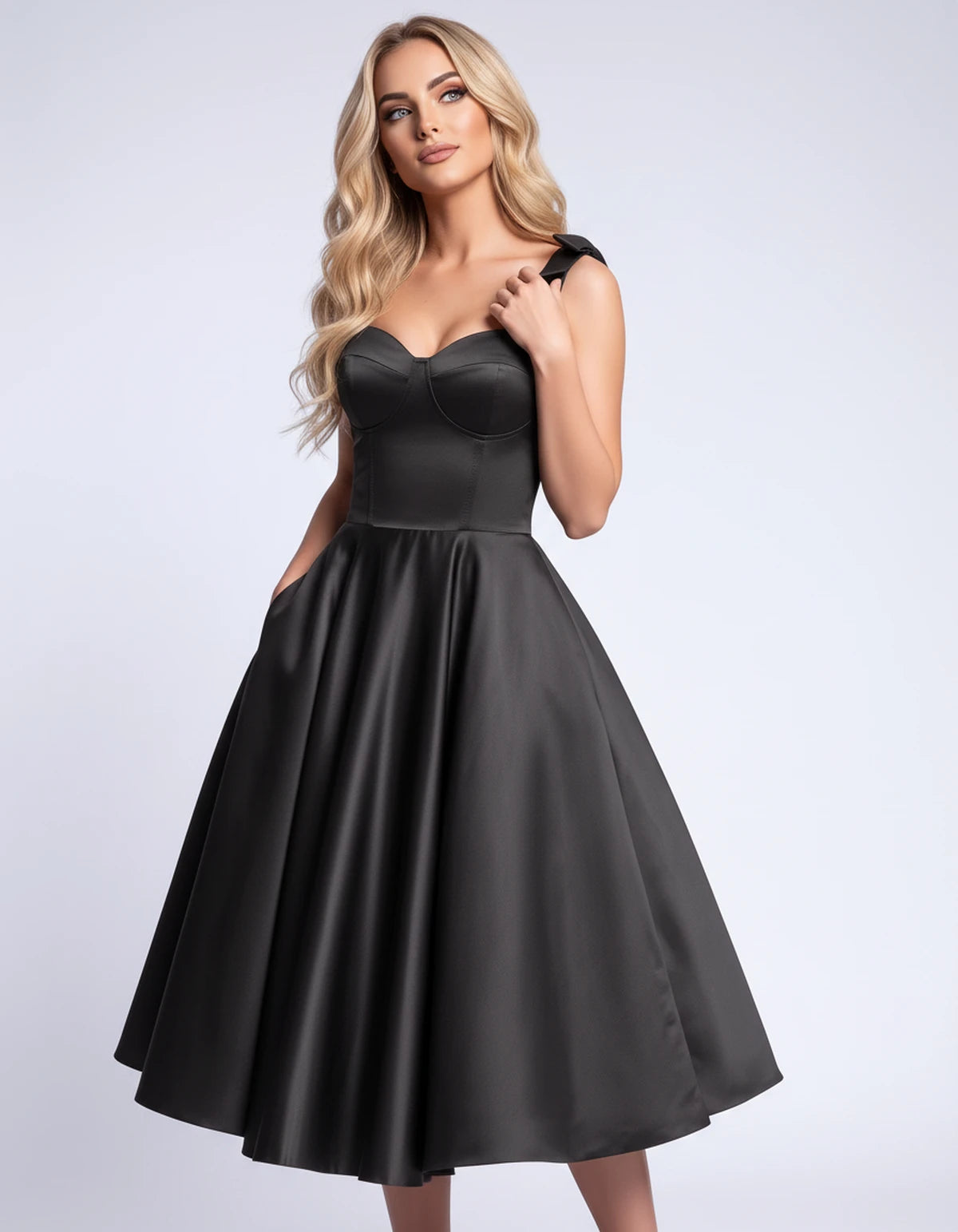Etoile Midi Dresses — Black | SKU: SD-85492-black-2,SD-85492-black-4,SD-85492-black-6,SD-85492-black-8,SD-85492-black-10,SD-85492-black-12,SD-85492-black-14,SD-85492-black-16,SD-85492-black-16W,SD-85492-black-18W