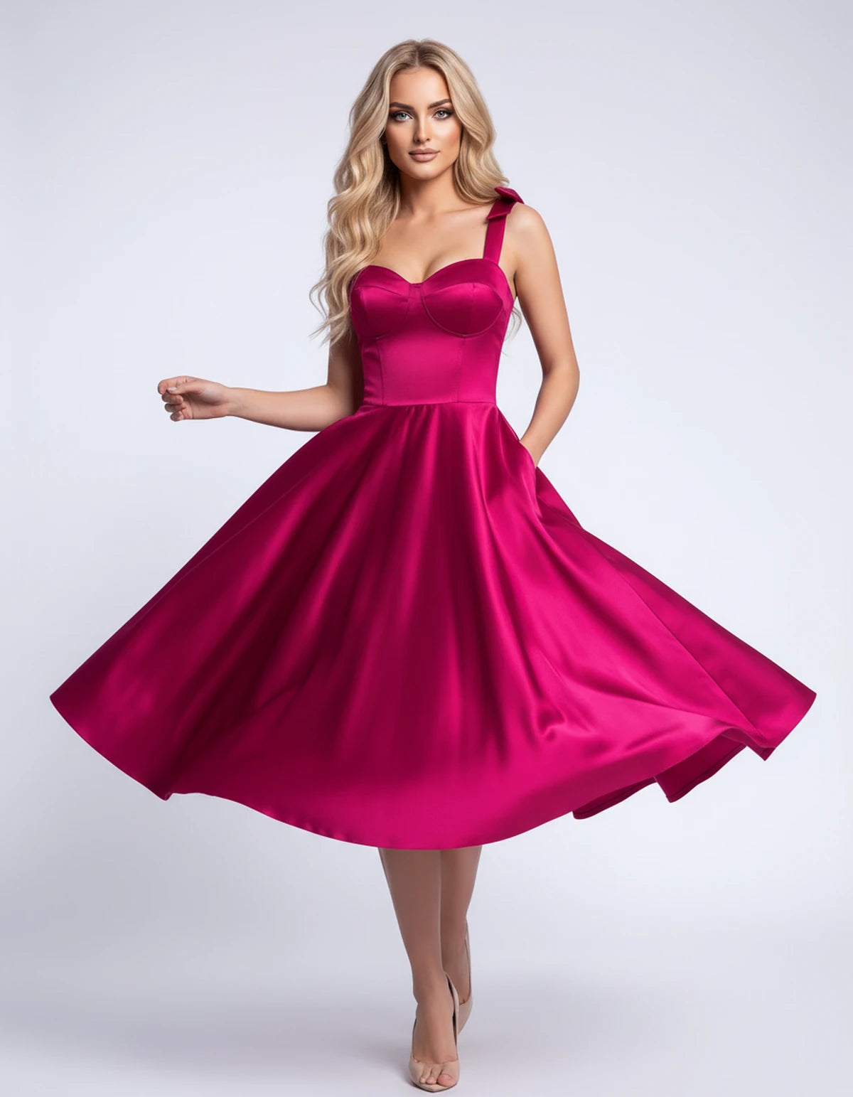 Etoile Midi Dresses — Hot Pink | SKU: SD-85492-hotpink-2,SD-85492-hotpink-4,SD-85492-hotpink-6,SD-85492-hotpink-8,SD-85492-hotpink-10,SD-85492-hotpink-12,SD-85492-hotpink-14,SD-85492-hotpink-16,SD-85492-hotpink-16W,SD-85492-hotpink-18W