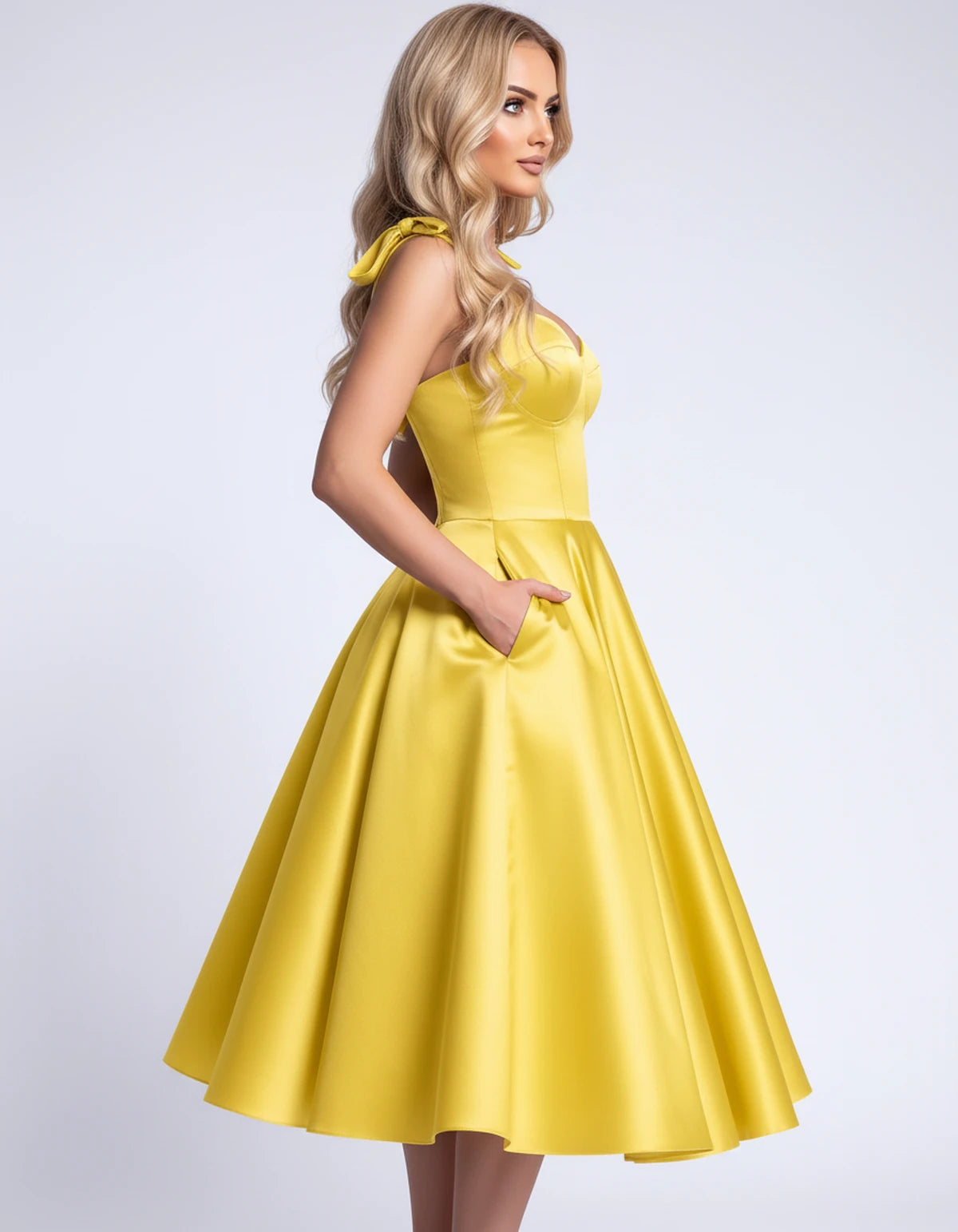 Etoile Midi Dresses — Yellow | SKU: SD-85492-yellow-2,SD-85492-yellow-4,SD-85492-yellow-6,SD-85492-yellow-8,SD-85492-yellow-10,SD-85492-yellow-12,SD-85492-yellow-14,SD-85492-yellow-16,SD-85492-yellow-16W,SD-85492-yellow-18W