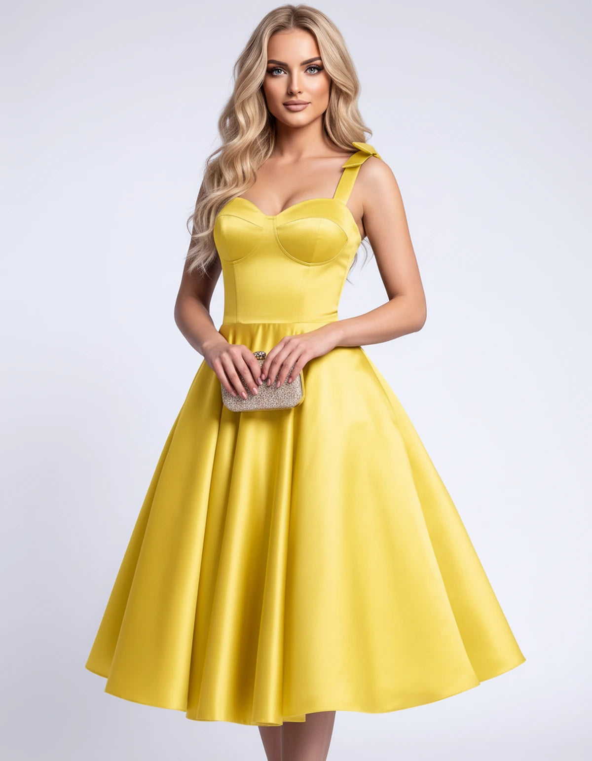 Etoile Midi Dresses — Yellow | SKU: SD-85492-yellow-2,SD-85492-yellow-4,SD-85492-yellow-6,SD-85492-yellow-8,SD-85492-yellow-10,SD-85492-yellow-12,SD-85492-yellow-14,SD-85492-yellow-16,SD-85492-yellow-16W,SD-85492-yellow-18W