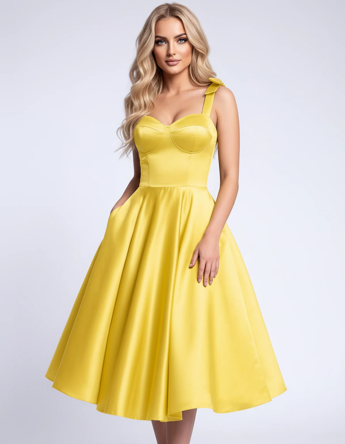 Etoile Midi Dresses — Yellow | SKU: SD-85492-yellow-2,SD-85492-yellow-4,SD-85492-yellow-6,SD-85492-yellow-8,SD-85492-yellow-10,SD-85492-yellow-12,SD-85492-yellow-14,SD-85492-yellow-16,SD-85492-yellow-16W,SD-85492-yellow-18W