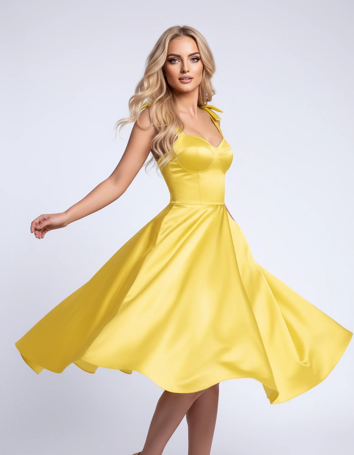 Etoile Midi Dresses — Yellow | SKU: SD-85492-yellow-2,SD-85492-yellow-4,SD-85492-yellow-6,SD-85492-yellow-8,SD-85492-yellow-10,SD-85492-yellow-12,SD-85492-yellow-14,SD-85492-yellow-16,SD-85492-yellow-16W,SD-85492-yellow-18W