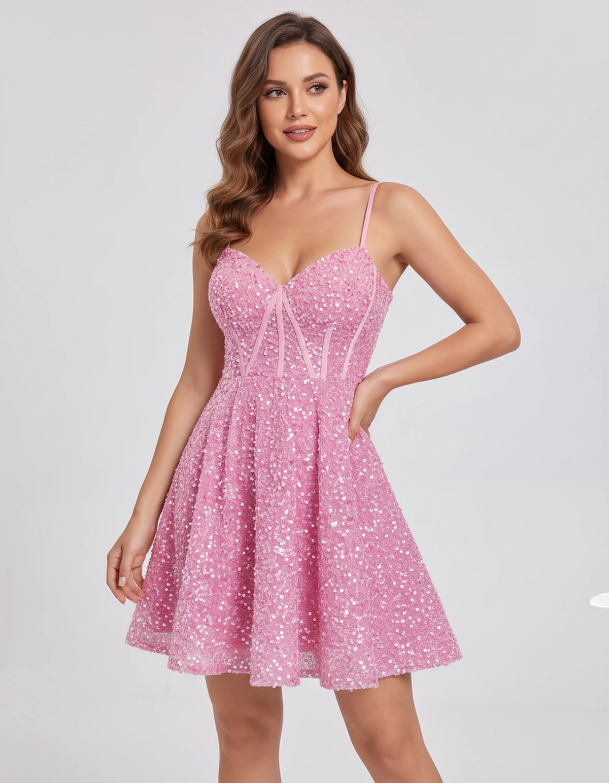 Eulalie Mini Dress — Pink | SKU: SD-60773-pink-2,SD-60773-pink-4,SD-60773-pink-6,SD-60773-pink-8,SD-60773-pink-10,SD-60773-pink-12,SD-60773-pink-14,SD-60773-pink-16,SD-60773-pink-16W,SD-60773-pink-18W