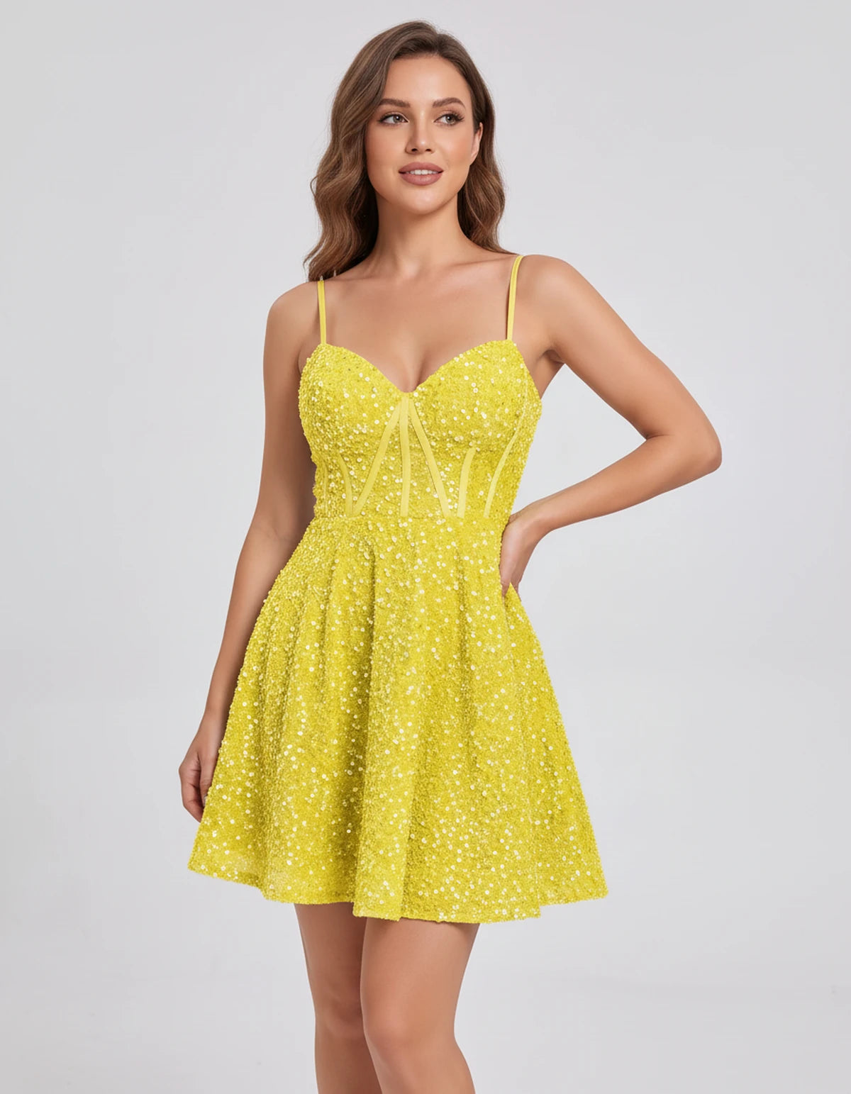 Eulalie Mini Dress — Yellow | SKU: SD-60773-yellow-2,SD-60773-yellow-4,SD-60773-yellow-6,SD-60773-yellow-8,SD-60773-yellow-10,SD-60773-yellow-12,SD-60773-yellow-14,SD-60773-yellow-16,SD-60773-yellow-16W,SD-60773-yellow-18W