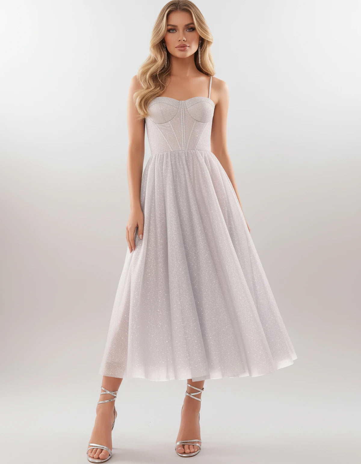 Filomena Midi Dresses — White | SKU: SD-84441-white-2,SD-84441-white-4,SD-84441-white-6,SD-84441-white-8,SD-84441-white-10,SD-84441-white-12,SD-84441-white-14,SD-84441-white-16,SD-84441-white-16W,SD-84441-white-18W,SD-84441-white-20W,SD-84441-white-22W