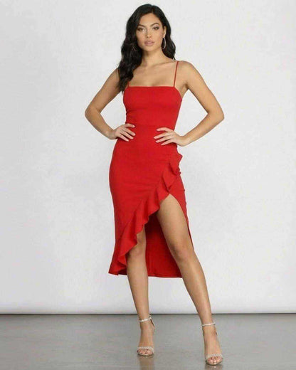Flamora Midi Dress by SLIMONA, red ruffled midi dress featuring a square neckline and asymmetrical hem.