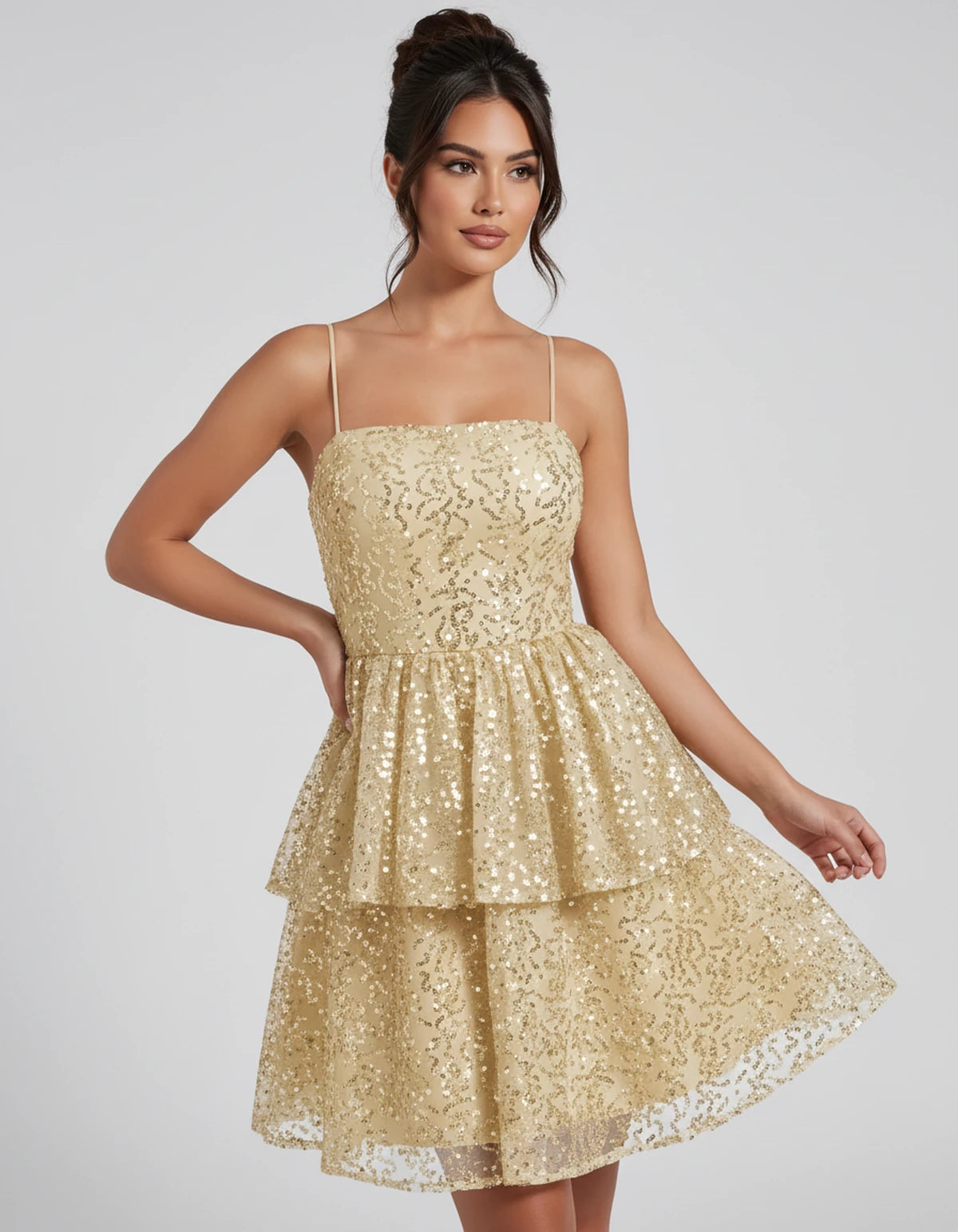 Florabel Mini Dress — Champagne | SKU: SD-93674-champagne-2,SD-93674-champagne-4,SD-93674-champagne-6,SD-93674-champagne-8,SD-93674-champagne-10,SD-93674-champagne-12,SD-93674-champagne-14,SD-93674-champagne-16,SD-93674-champagne-16W,SD-93674-champagne-18W,SD-93674-champagne-20W,SD-93674-champagne-22W