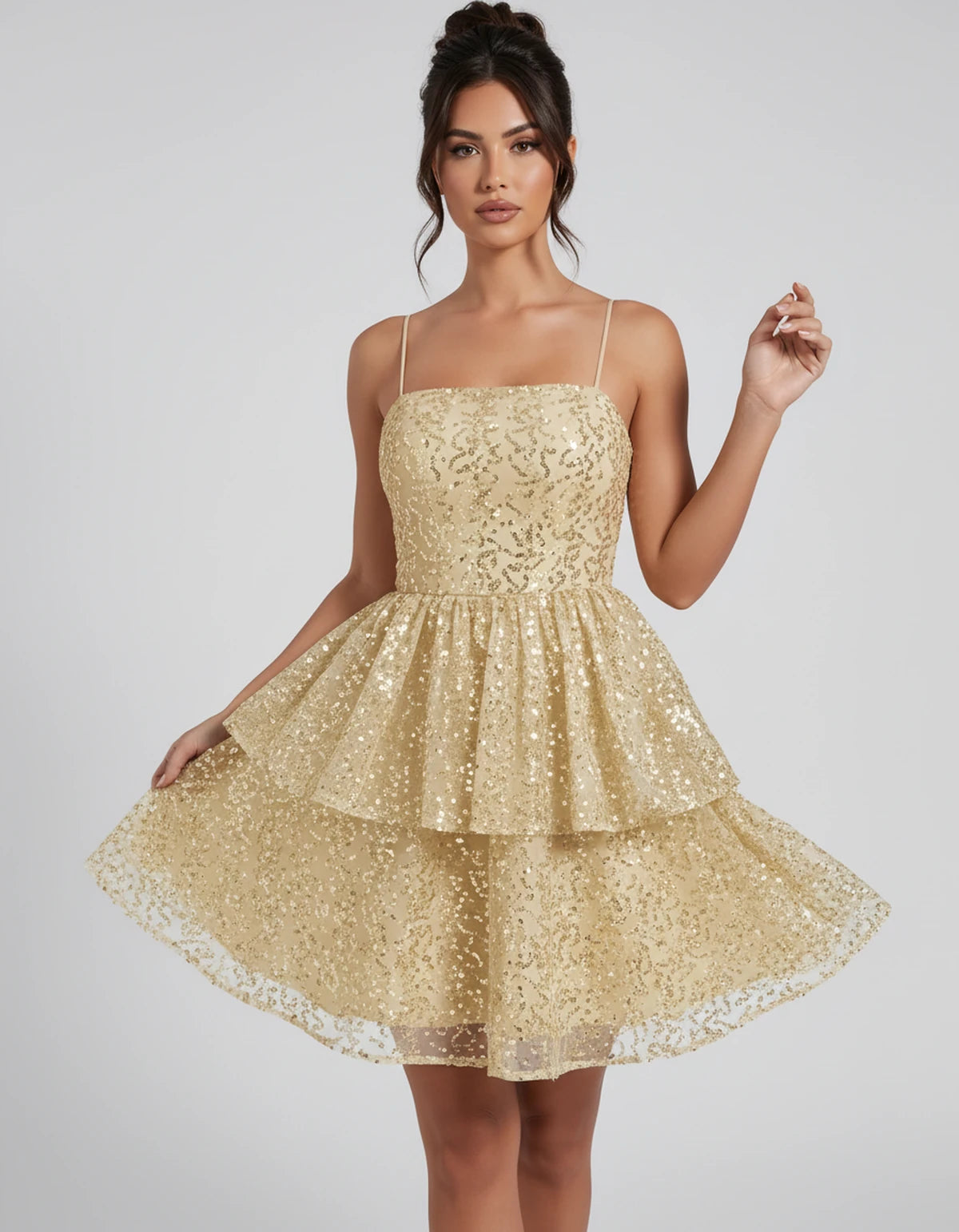Florabel Mini Dress — Champagne | SKU: SD-93674-champagne-2,SD-93674-champagne-4,SD-93674-champagne-6,SD-93674-champagne-8,SD-93674-champagne-10,SD-93674-champagne-12,SD-93674-champagne-14,SD-93674-champagne-16,SD-93674-champagne-16W,SD-93674-champagne-18W,SD-93674-champagne-20W,SD-93674-champagne-22W