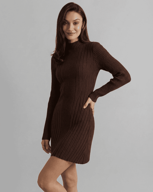 Florence Mini Dress by SLIMONA - Ribbed Knit, Mock Neck, Long Sleeve A-Line Silhouette in dark brown.