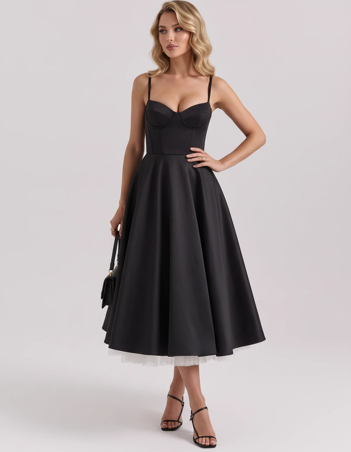 Floriane Midi Dresses — Black | SKU: SD-68808-black-XS,SD-68808-black-S,SD-68808-black-M,SD-68808-black-L,SD-68808-black-XL,SD-68808-black-2XL