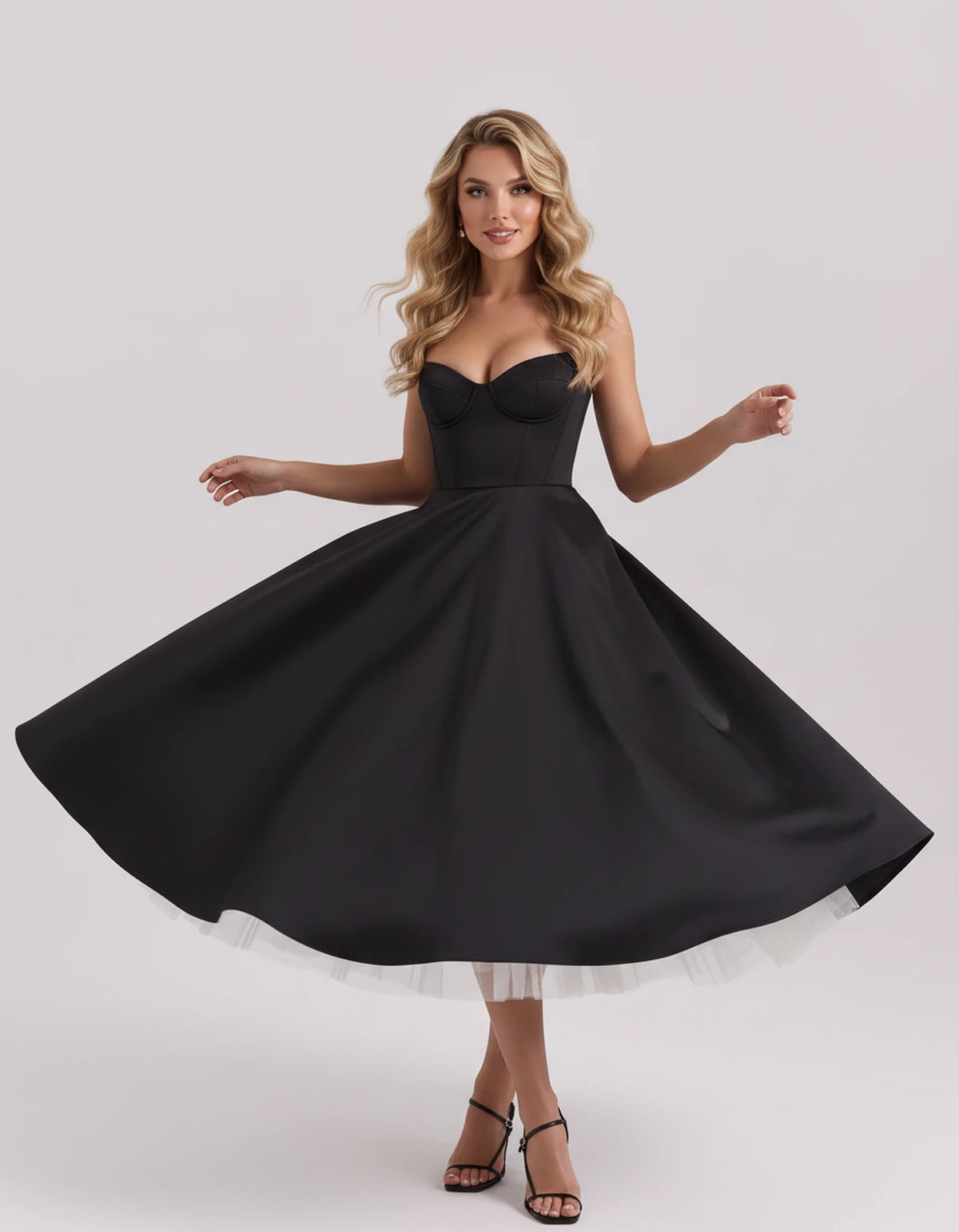 Floriane Midi Dresses — Black | SKU: SD-68808-black-XS,SD-68808-black-S,SD-68808-black-M,SD-68808-black-L,SD-68808-black-XL,SD-68808-black-2XL