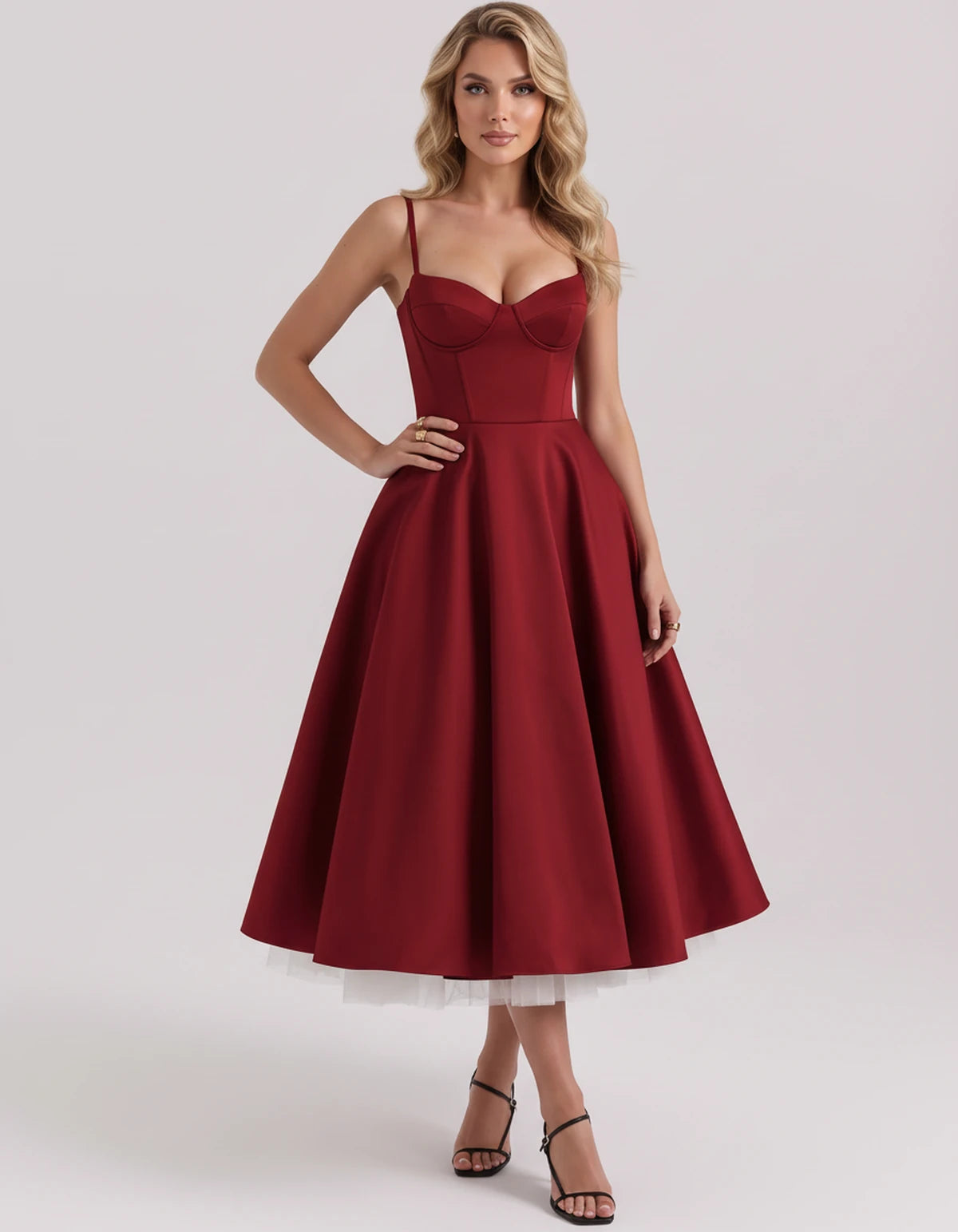 Floriane Midi Dresses — Red | SKU: SD-68808-red-XS,SD-68808-red-S,SD-68808-red-M,SD-68808-red-L,SD-68808-red-XL,SD-68808-red-2XL