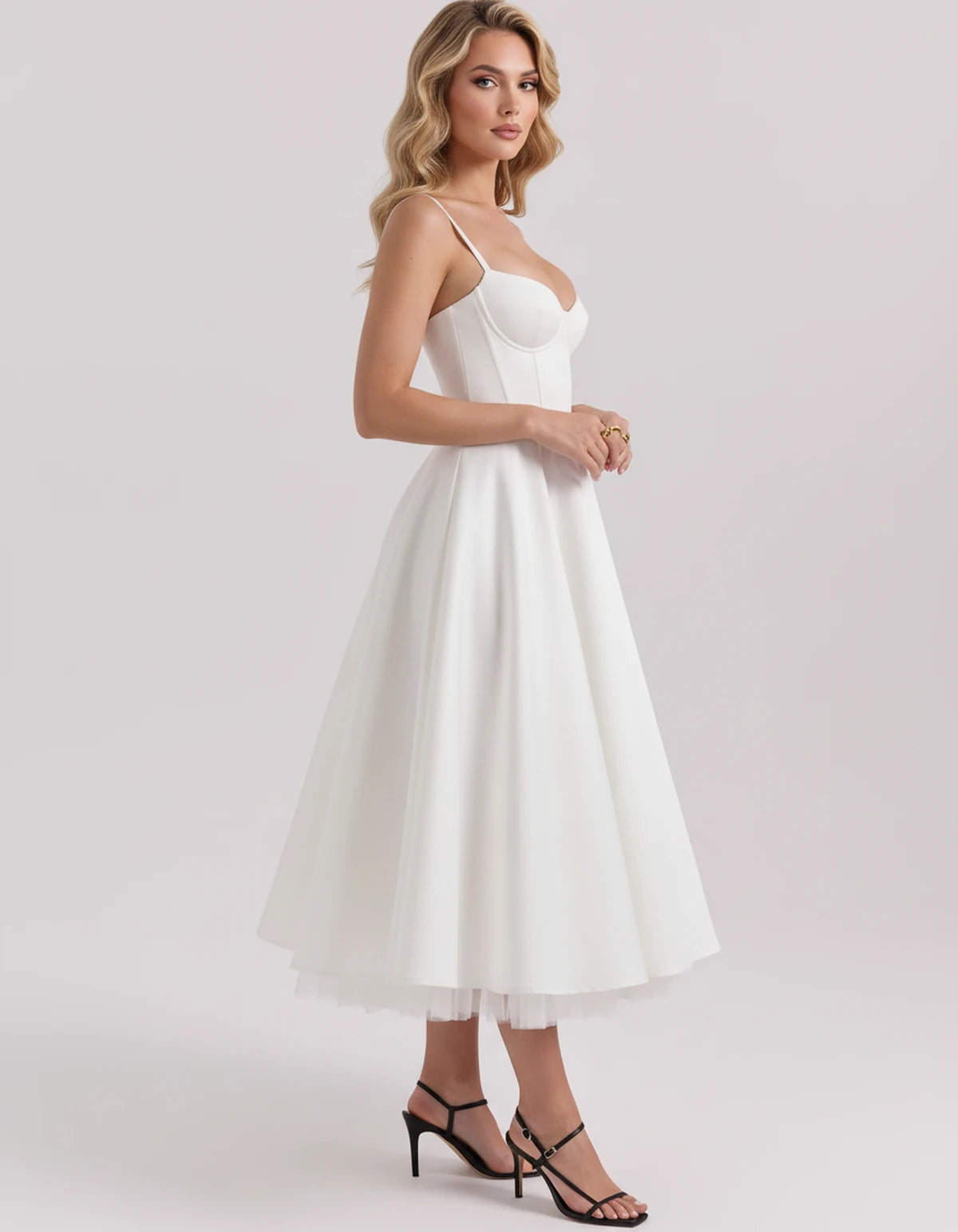 Floriane Midi Dresses — White | SKU: SD-68808-white-XS,SD-68808-white-S,SD-68808-white-M,SD-68808-white-L,SD-68808-white-XL,SD-68808-white-2XL