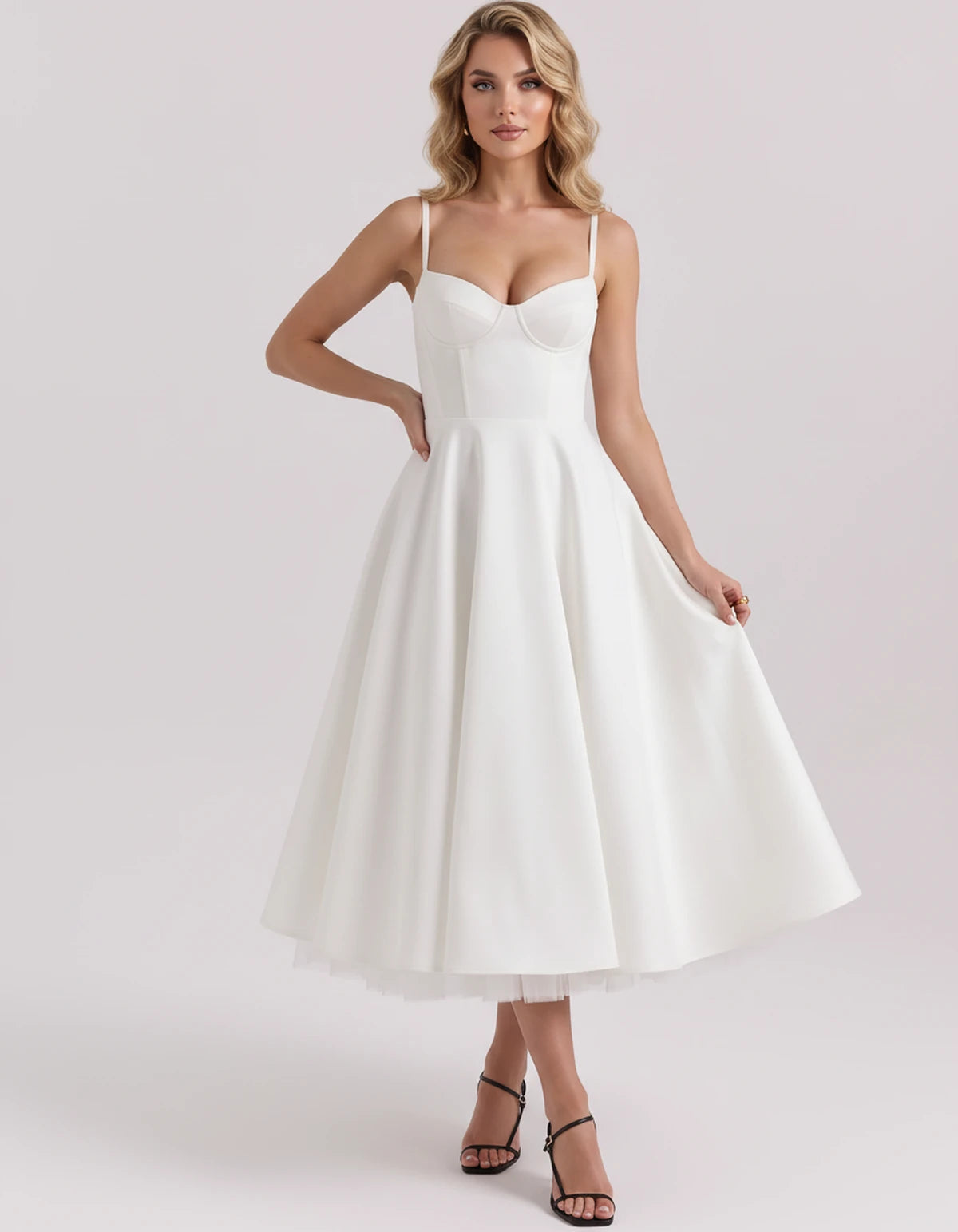 Floriane Midi Dresses — White | SKU: SD-68808-white-XS,SD-68808-white-S,SD-68808-white-M,SD-68808-white-L,SD-68808-white-XL,SD-68808-white-2XL