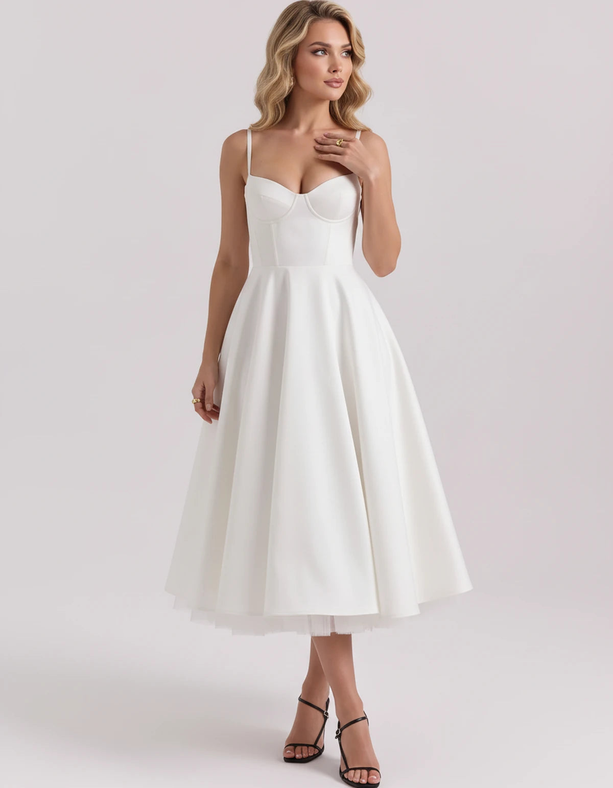 Floriane Midi Dresses — White | SKU: SD-68808-white-XS,SD-68808-white-S,SD-68808-white-M,SD-68808-white-L,SD-68808-white-XL,SD-68808-white-2XL