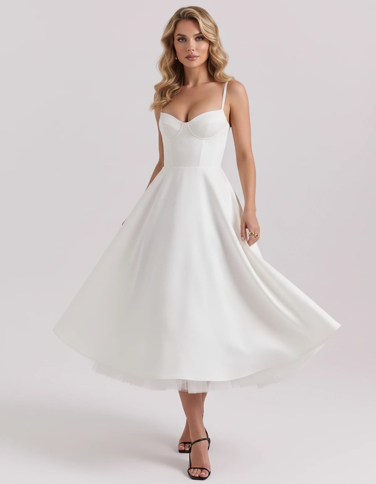 Floriane Midi Dresses — White | SKU: SD-68808-white-XS,SD-68808-white-S,SD-68808-white-M,SD-68808-white-L,SD-68808-white-XL,SD-68808-white-2XL