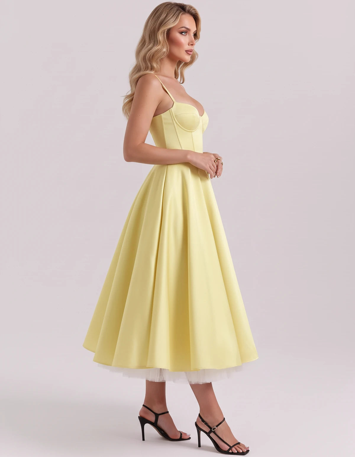 Floriane Midi Dresses — Yellow | SKU: SD-68808-yellow-XS,SD-68808-yellow-S,SD-68808-yellow-M,SD-68808-yellow-L,SD-68808-yellow-XL,SD-68808-yellow-2XL