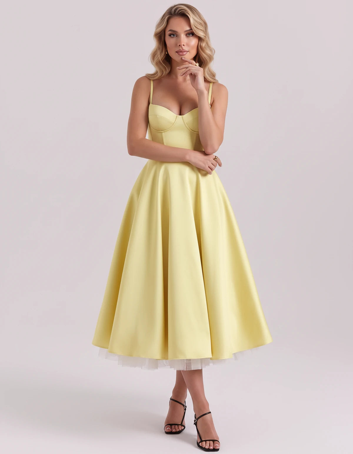 Floriane Midi Dresses — Yellow | SKU: SD-68808-yellow-XS,SD-68808-yellow-S,SD-68808-yellow-M,SD-68808-yellow-L,SD-68808-yellow-XL,SD-68808-yellow-2XL