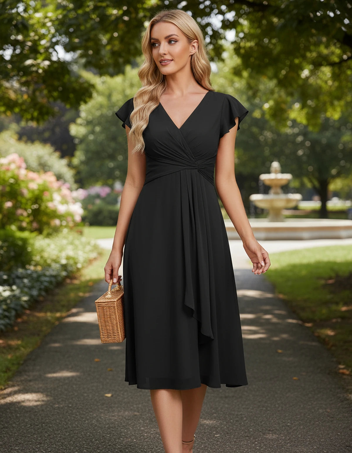 Fontanelle Midi Dresses — Black | SKU: SD-32287-black-2,SD-32287-black-4,SD-32287-black-6,SD-32287-black-8,SD-32287-black-10,SD-32287-black-12,SD-32287-black-14,SD-32287-black-16,SD-32287-black-16W,SD-32287-black-18W,SD-32287-black-20W,SD-32287-black-22W