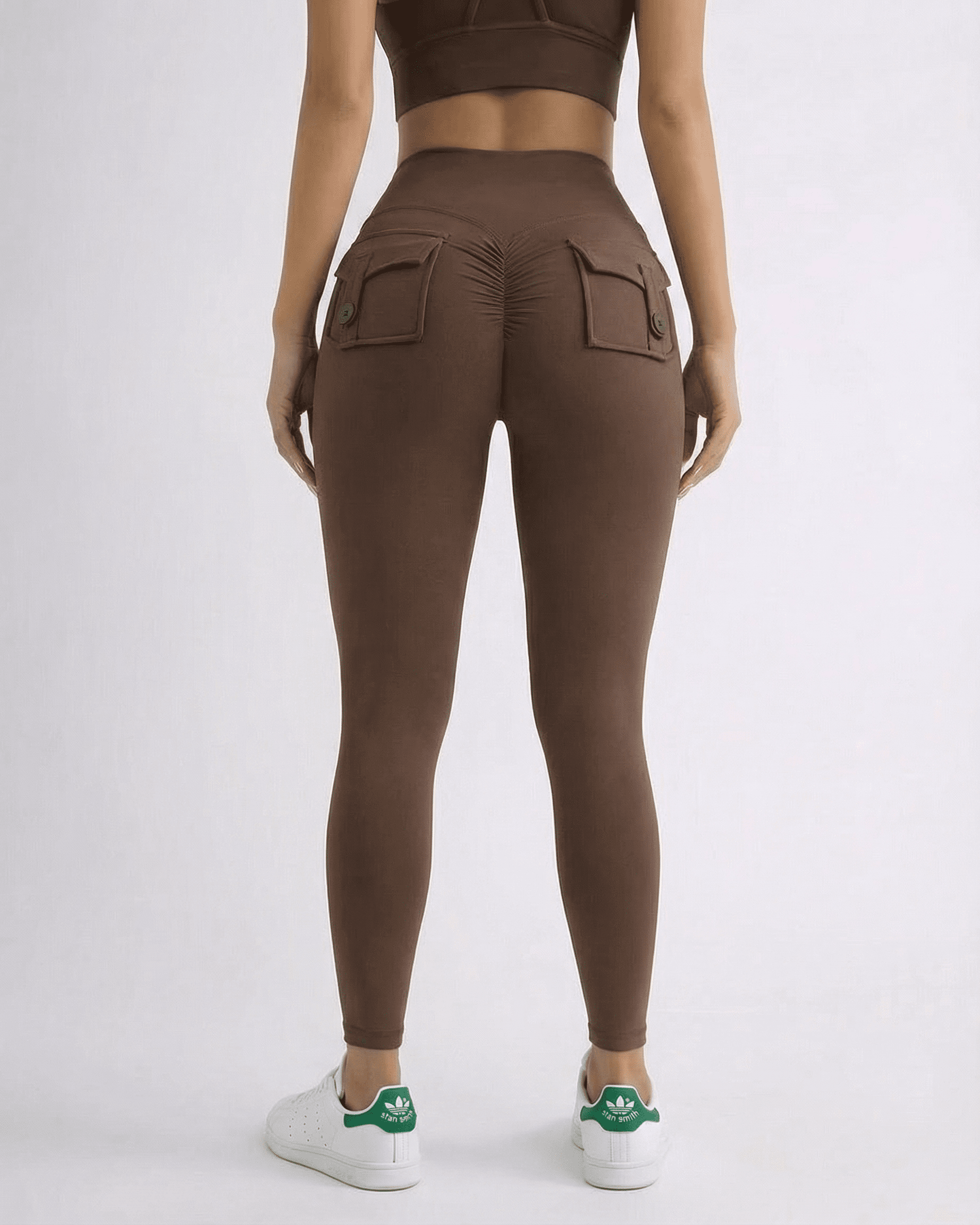 Hazel Leggings by SLIMONA, sleek brown high-waist leggings with pocket details, perfect for workouts and casual wear.