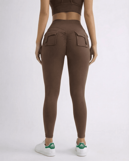 Hazel Leggings by SLIMONA, sleek brown high-waist leggings with pocket details, perfect for workouts and casual wear.
