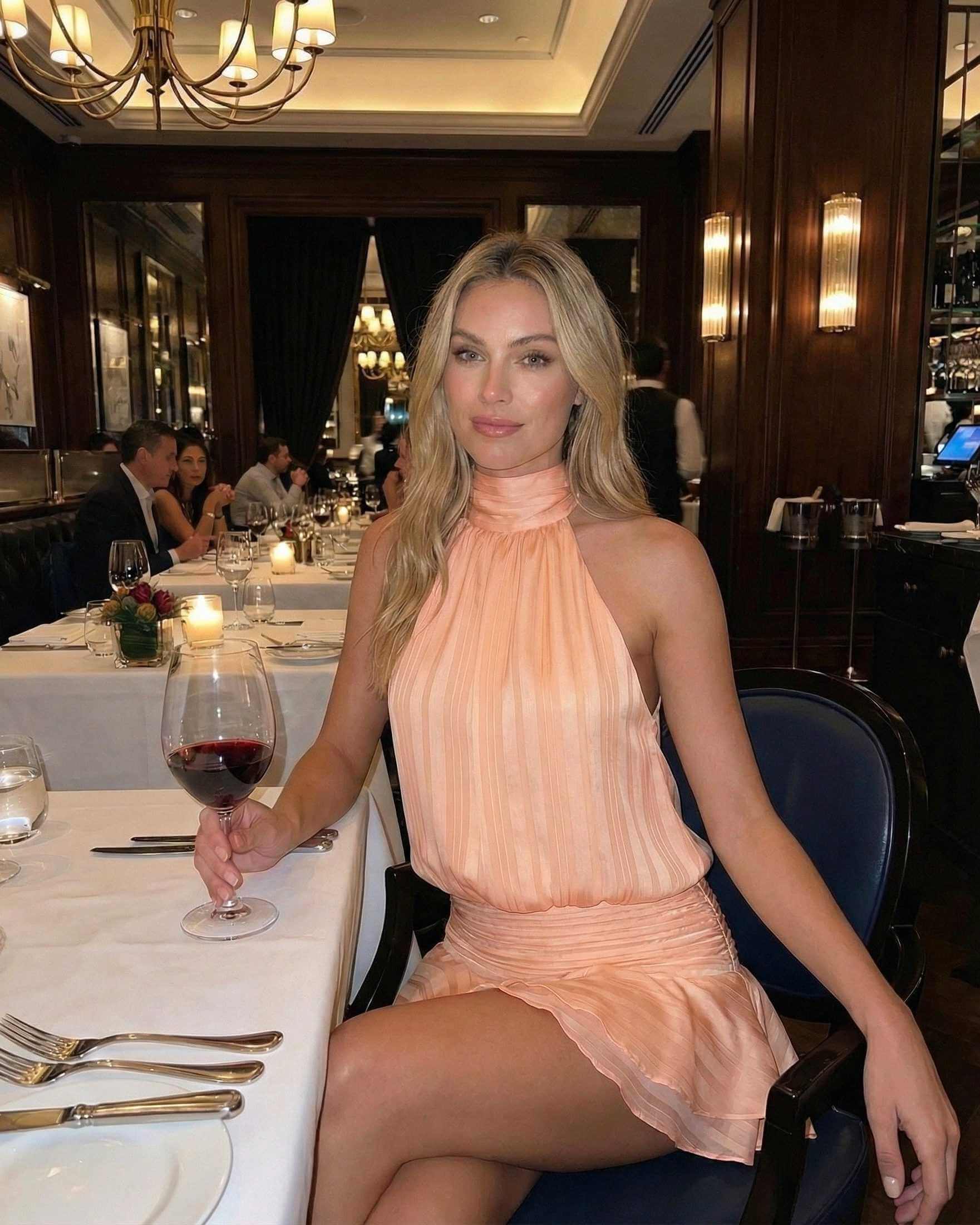 Model wearing Aprielle Mini Dress by SLIMONA in peach, pleated chiffon fabric, seated at an elegant restaurant.
