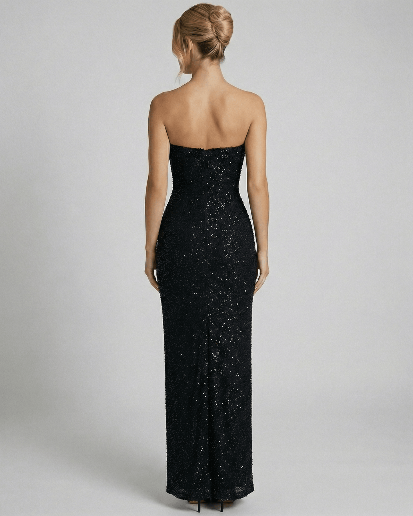 Back view of the Orion Maxi Dress by SLIMONA featuring a black embellished bandeau silhouette.