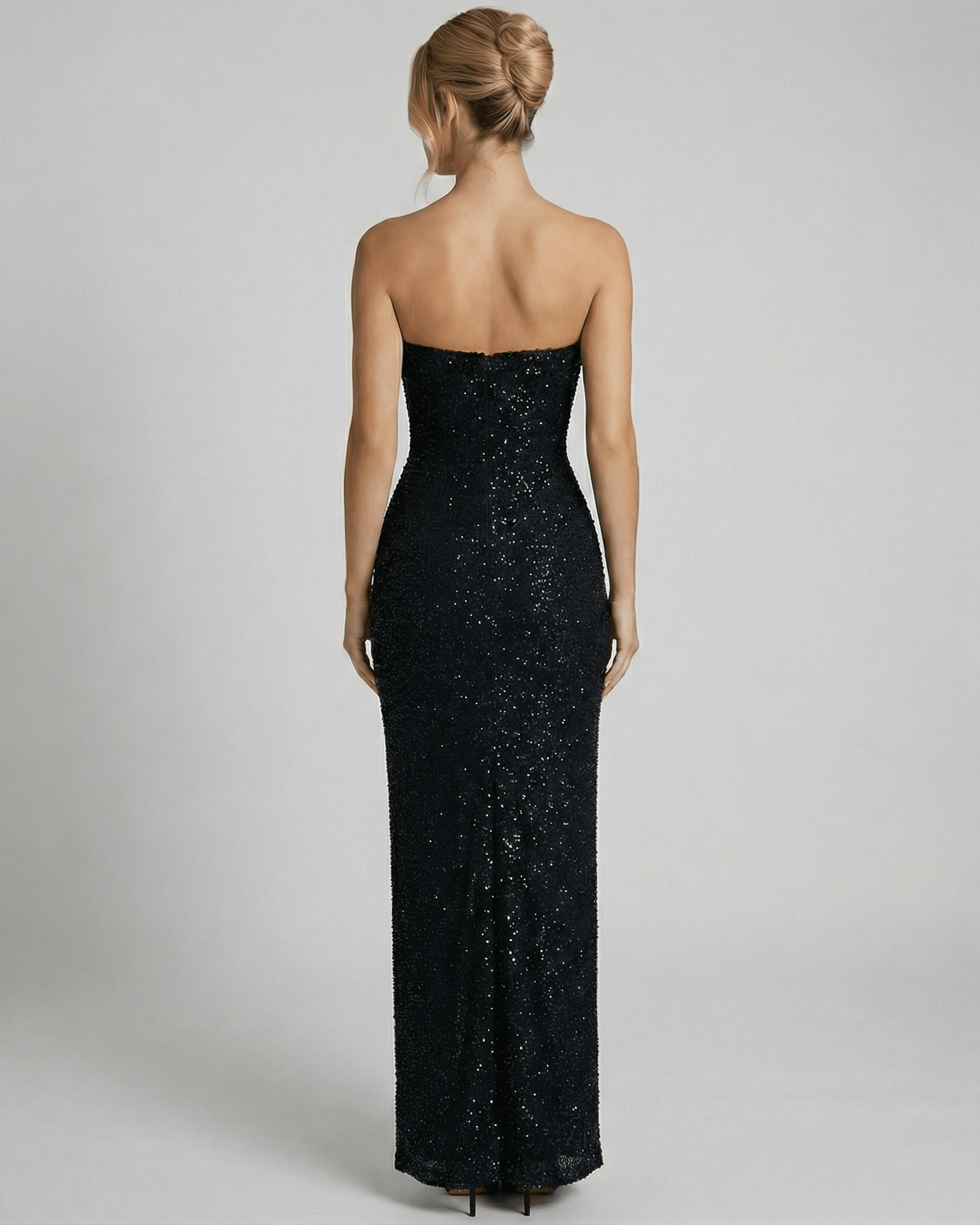 Back view of the Orion Maxi Dress by SLIMONA featuring a black embellished bandeau silhouette.