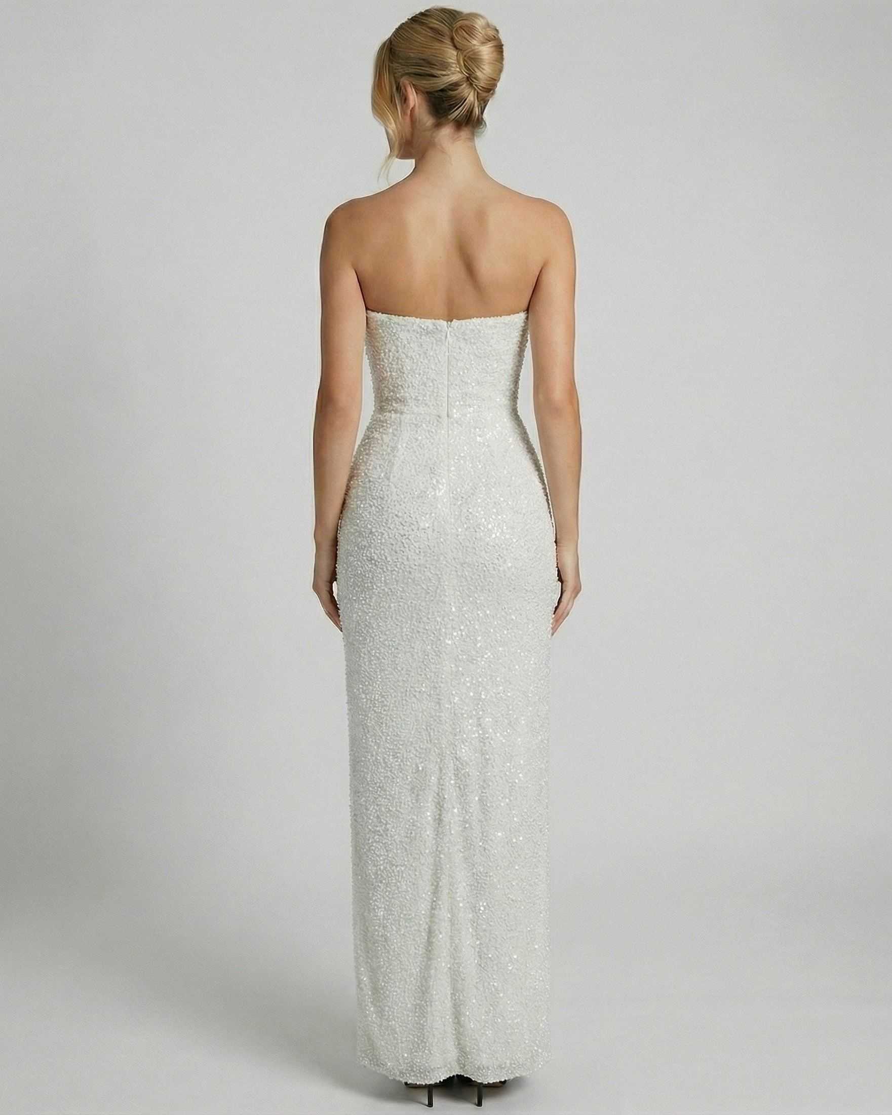 Celeste Maxi Dress by SLIMONA, showcasing the back design with elegant embellishments and a strapless bandeau silhouette.