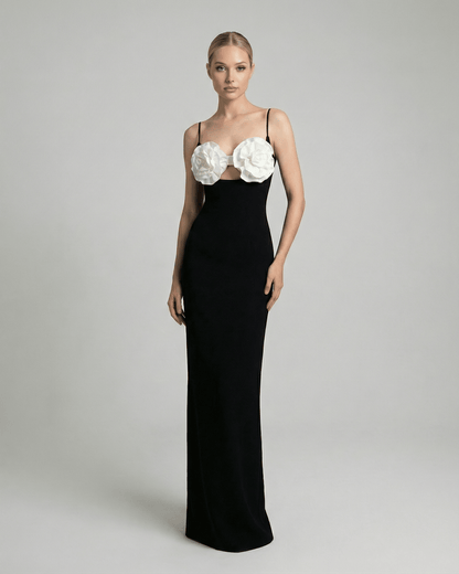 Celeste Maxi Dress by Lauven featuring floral embellished bust and sleek silhouette in black knit fabric.