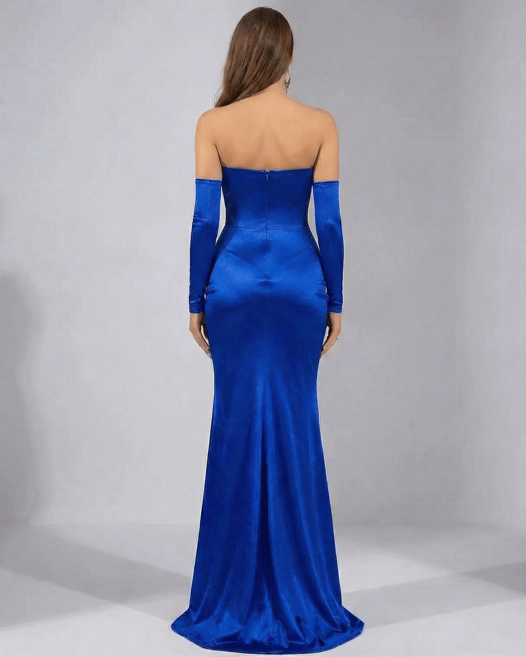 Celeste Maxi Dress by Lauven, showcasing the elegant back view of a royal blue satin evening gown.