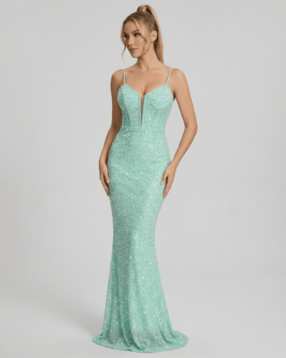 Celeste Maxi Dress by Lauven - Elegant green sequin fitted mermaid gown with spaghetti straps and V neckline.