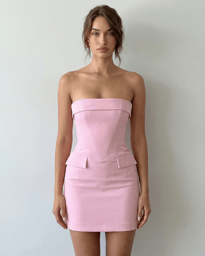 Orchid Mini Dress by Lauven in elegant pink, strapless silhouette, perfect for luxury evening occasions.