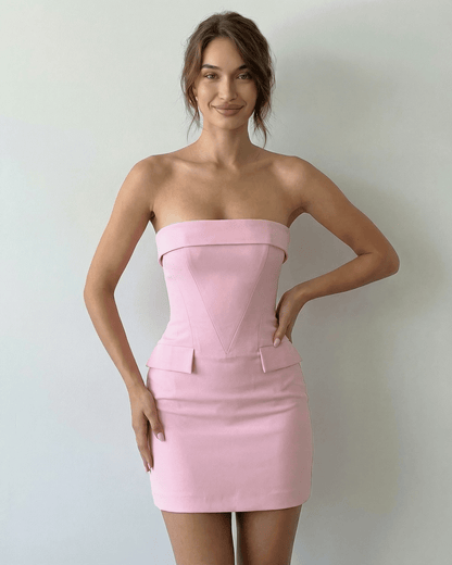 Lauven Orchid Mini Dress in elegant pink with strapless silhouette, perfect for luxury evening occasions.
