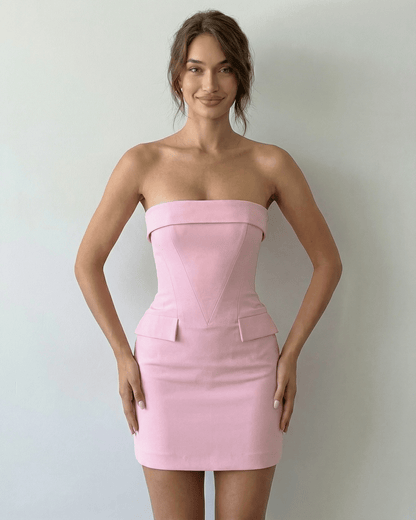 Lauven Orchid Mini Dress in soft pink with strapless silhouette, perfect for evening events.